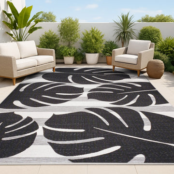 Allison Classic Beach Stripe And Monstera Leaf Indoor/Outdoor Area Rug
